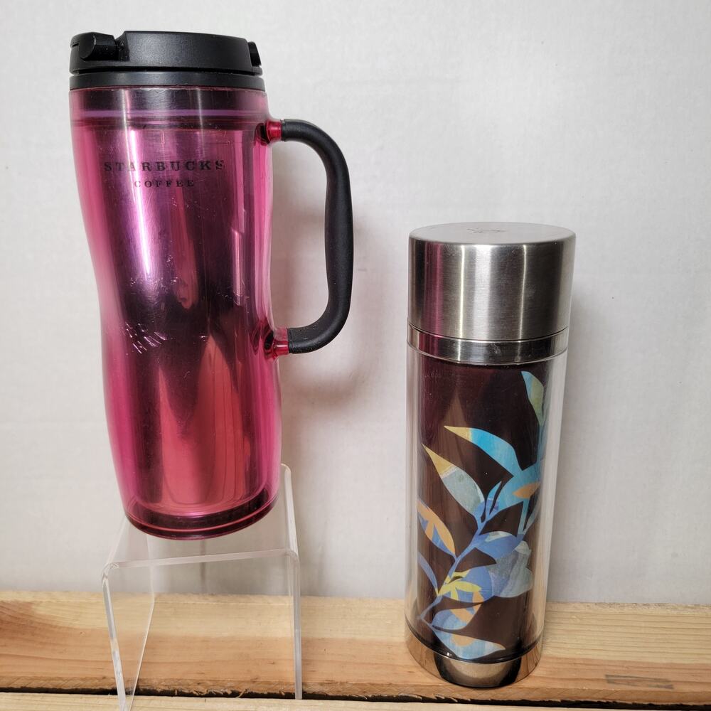 Set of 2 Starbucks: 2008 Pink-Purple 12 oz Tumbler & 2009 Flower Thermos